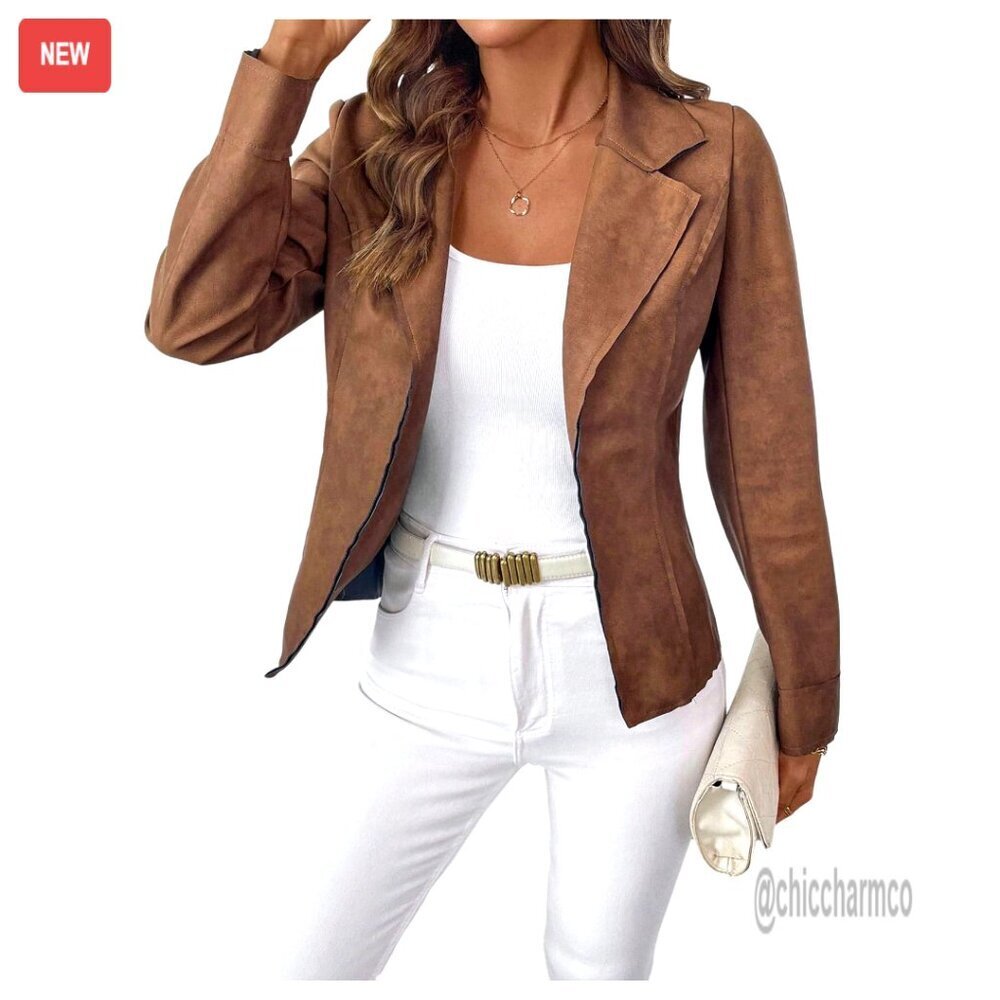 Faux Suede Blazer Jacket Elegant Tailored Lapel Collar Open Front Coat